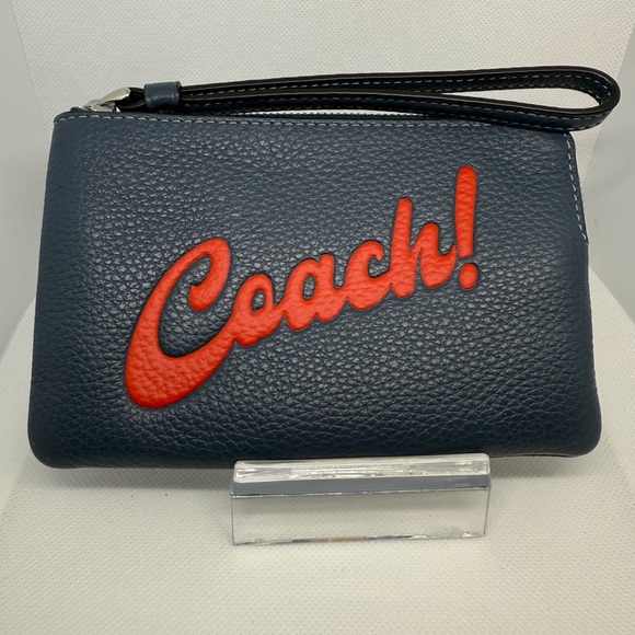 Coach Blue Wristlet with Vibrant Red Logo - Picture 1 of 4